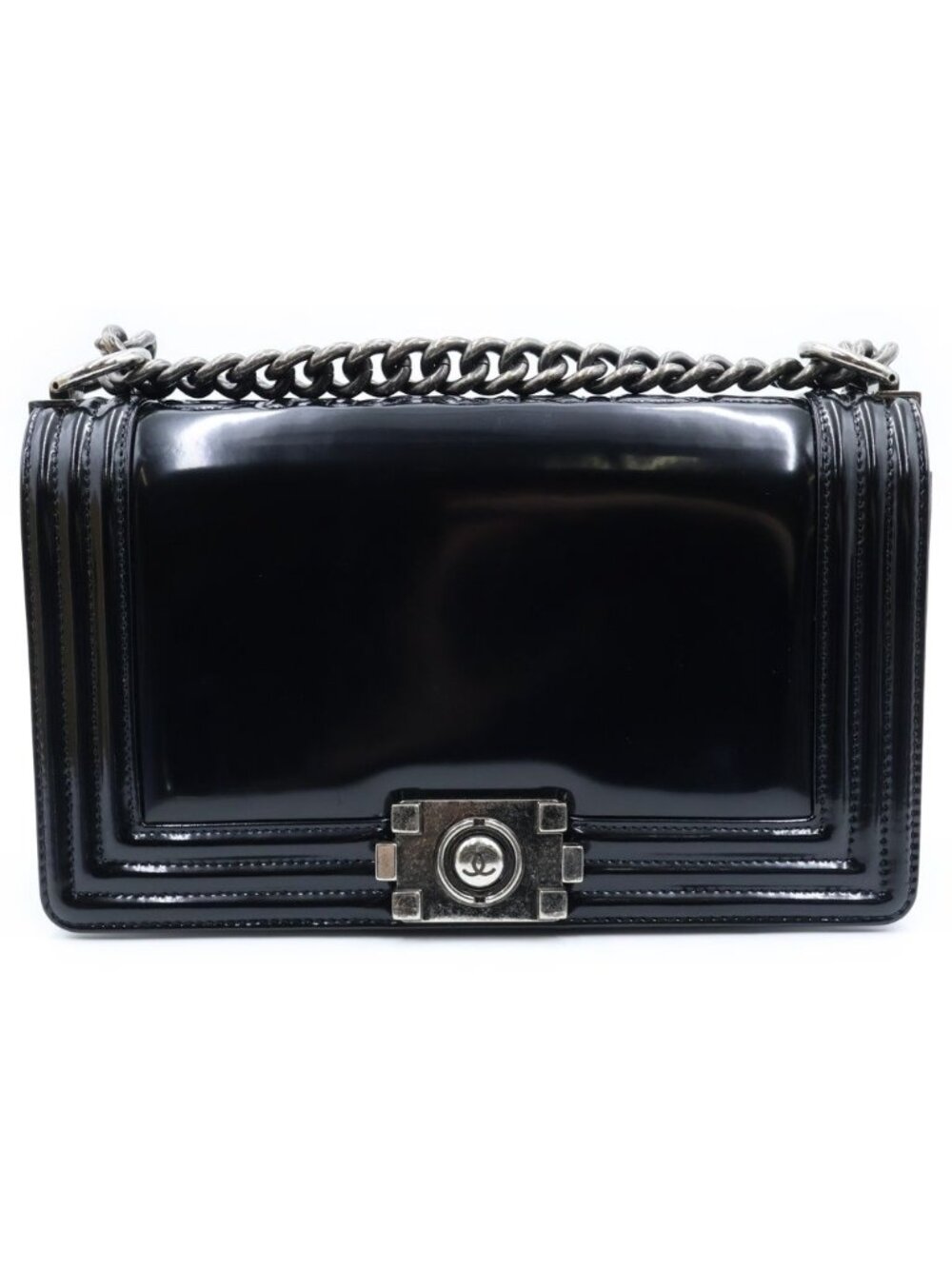Chanel Boy Shoulder Bag Patent Leather Black Silver